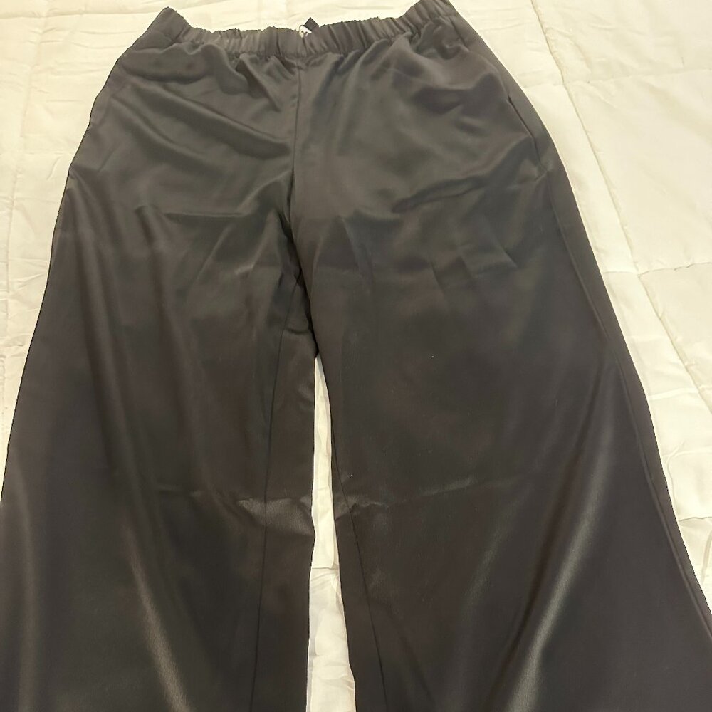 NWT Ann Taylor Large Petite Black Shiny Wide Leg High Rise Pants